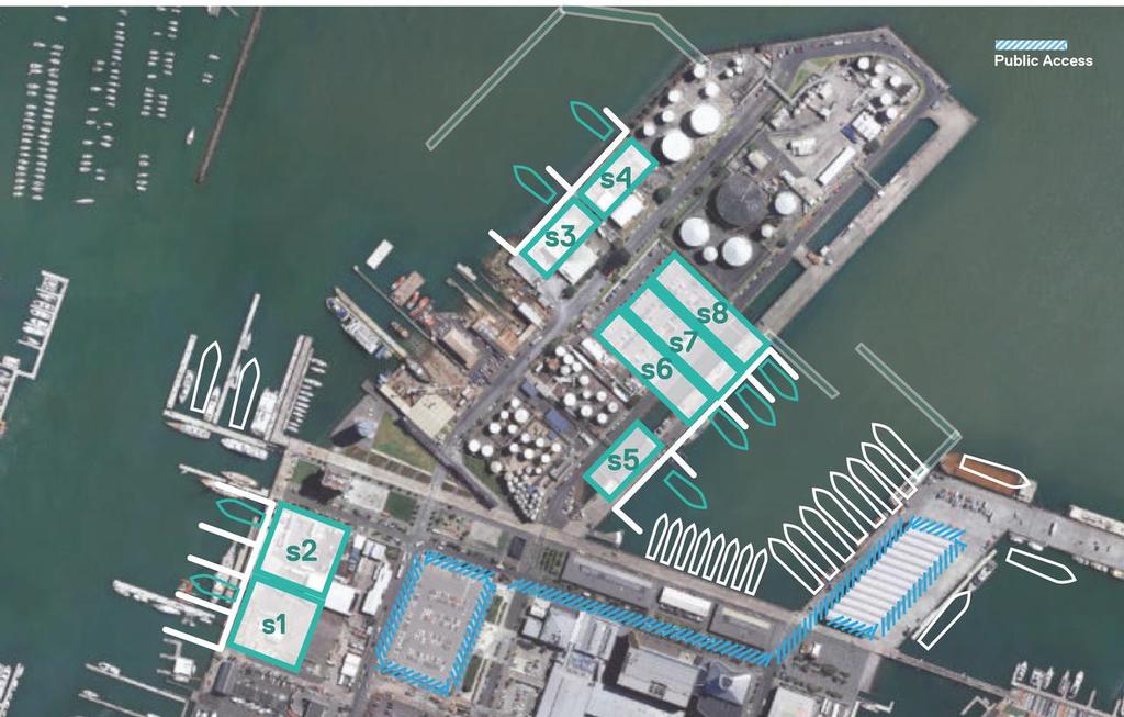 An earlier Wynyard Point Dispersed Option - favoured by the the Minister for the America's Cup despite the fact that two of the bases need to be dredged by a further 3 metres and several are badly exposed to strong winds. - photo © Auckland Council <a target=